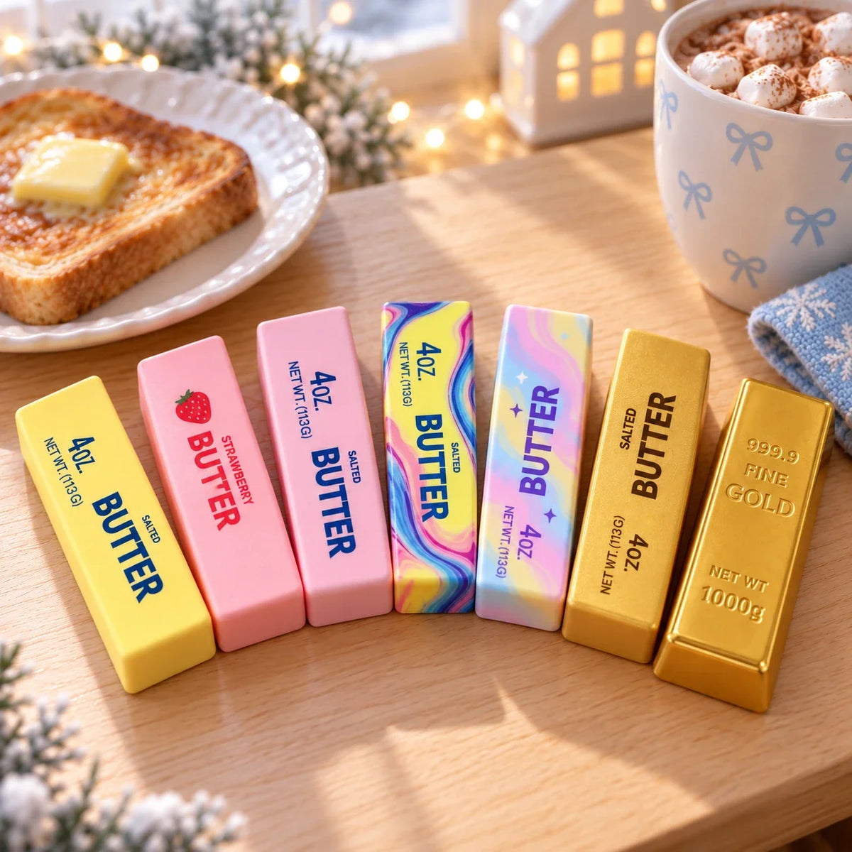 Les 7 modèles du squishy beurre sur une table de petit-déjeuner