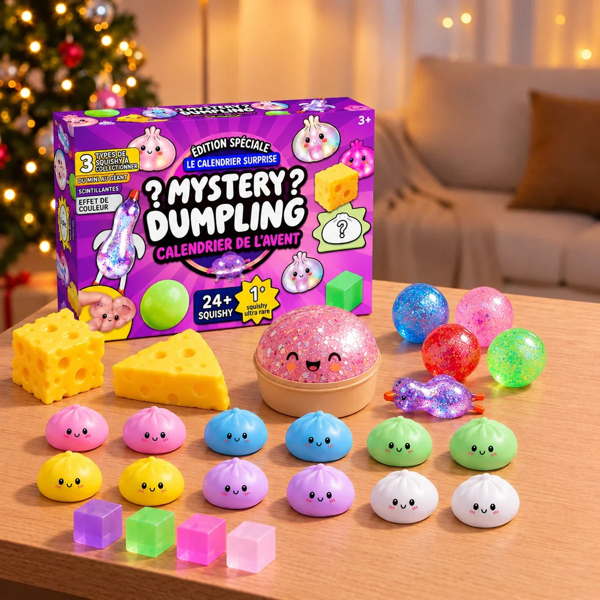 Contenu du calendrier Mystery Dumpling : 24 squishys (12 petits dumplings, 1 gros dumpling, 4 boules pailletées, 4 cubes, 2 fromages, 1 canard)