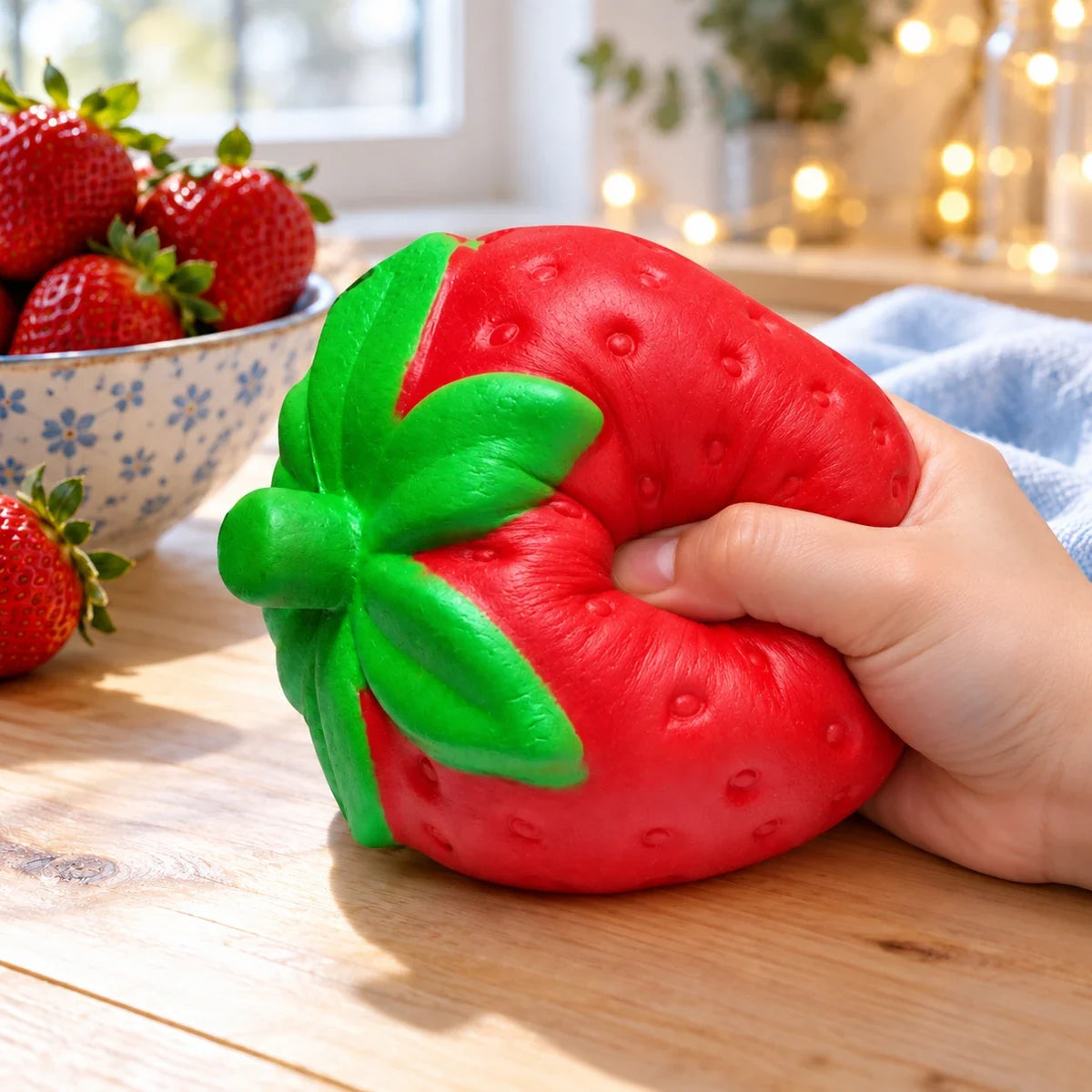 Squishy fraise géante pressé dans la main