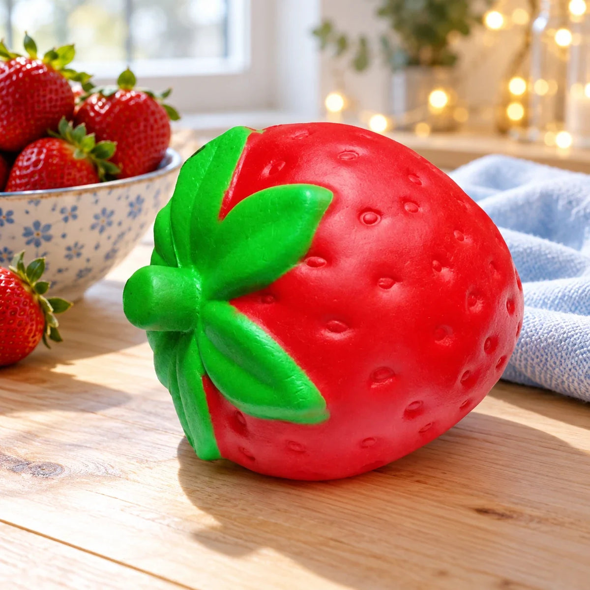 Squishy fraise géante sur une table de cuisine, à côté d'un bol de fraises
