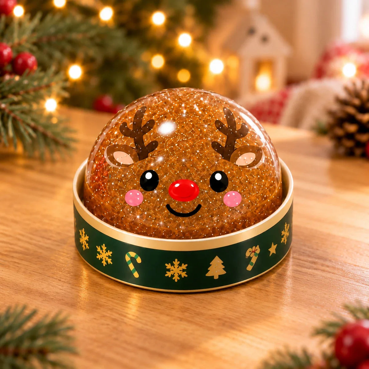Squishy dumpling de Noël renne pailleté dans sa petite boîte