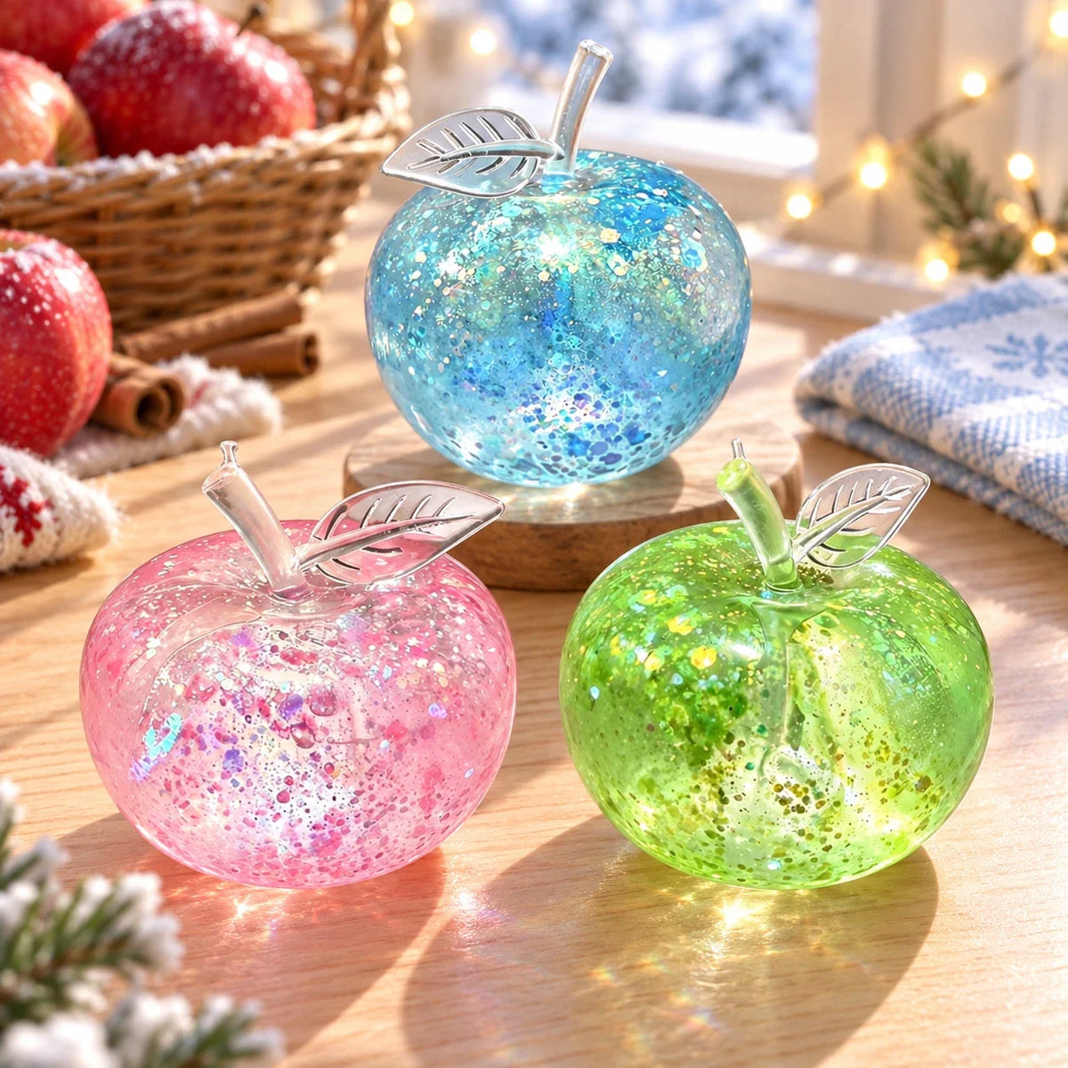 Les 3 squishys pommes pailletées : bleue, rose et verte