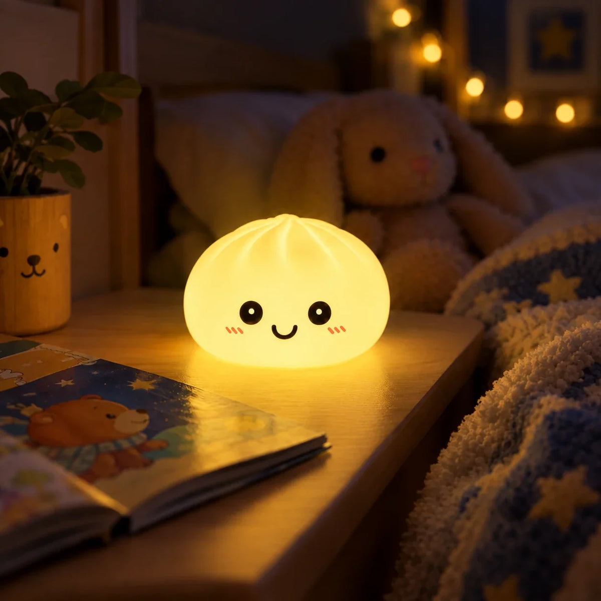 Veilleuse Dumpling jaune allumée sur une table de nuit